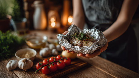 Female chef in a gray T-shirt holds in her hands a piece of fried fish in foil, tomatoes and garlic on a wooden backgroundの素材