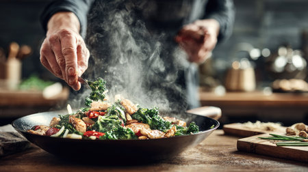 Chef cooking fried chicken fillet with vegetables in a frying panの素材