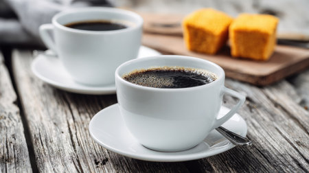 Coffee cup on rustic wooden background, selective focus.の素材