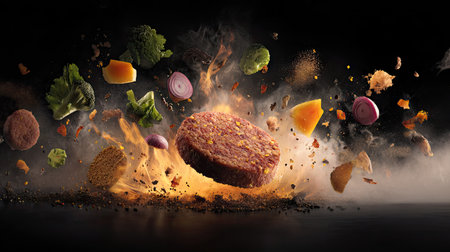 Burger explosion with flying ingredients and smoke on black background. Mixed mediaの素材