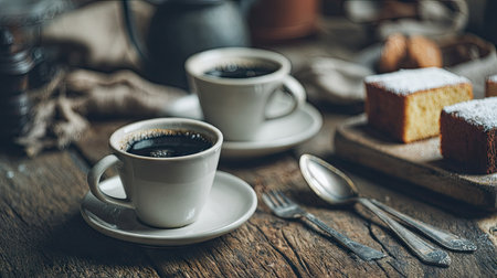 Coffee in a cup and saucer on a wooden tableの素材
