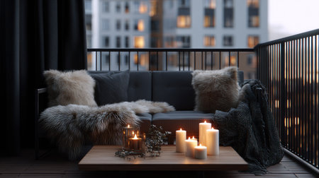 Comfortable sofa, candles and plaid on the balcony at nightの素材