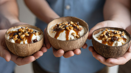 Coconut ice cream with caramel topping in coconut shell on handsの素材