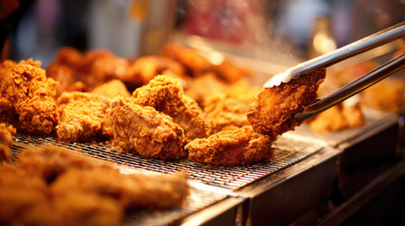 Fried chicken on street food market in Thailand. Selective focusの素材