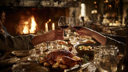 Christmas dinner with roasted turkey and red wine. Close up of couple hands holding glasses of red wine while celebrating Christmas at homeの素材