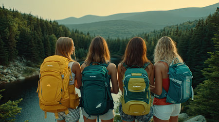back view of a group of girls with backpacks hiking in the mountainsの素材