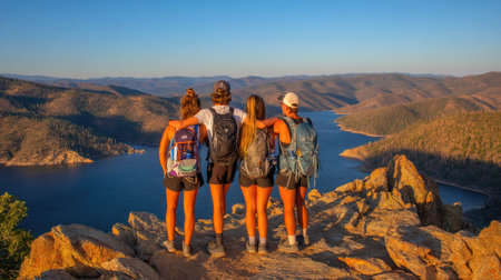 Group of girls with backpacks standing on the edge of the cliff and looking at the lakeの素材