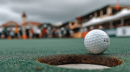 Golf ball on green grass ready to be shot into hole.の素材