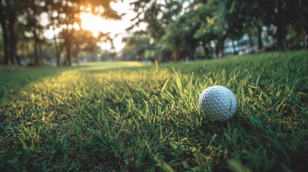 Golf ball on green grass in the golf course with sunset backgroundの素材