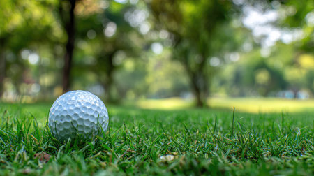 Golf ball on green grass in golf course with bokeh backgroundの素材