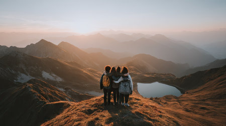 A group of friends standing on top of a mountain and looking at the sunsetの素材