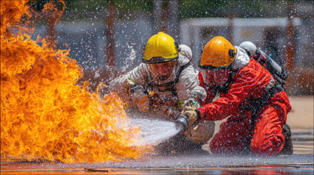 Firefighters fighting a fire. Firefighters fighting a fire with water.の素材