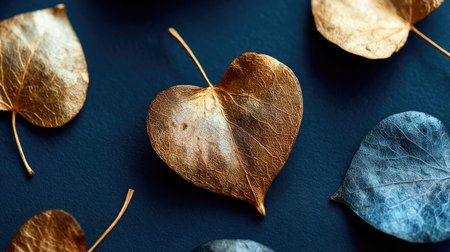 Dry leaves on dark blue background, top view, copy spaceの素材