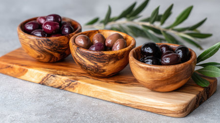 Black and green olives in wooden bowls on a cutting board.の素材