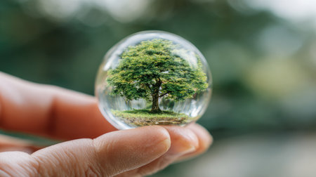Hand holding glass ball with tree inside on blurred nature background, environment conceptの素材