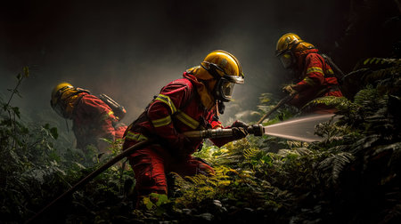 Firefighter fighting fire in the forest at night with smoke and fogの素材
