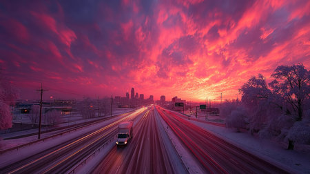 Traffic on the bridge at sunset in winter, Moscow, Russiaの素材