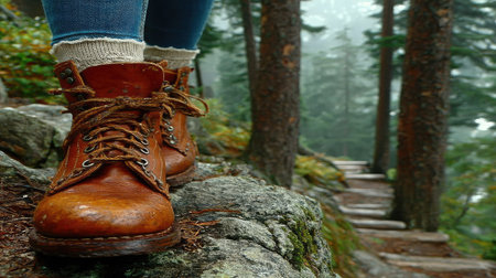 Female legs in hiking boots standing on a rocky trail in the forestの素材