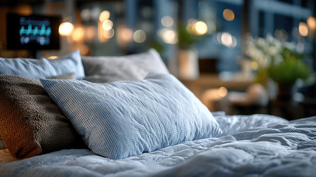Close up of pillows on a bed in a modern bedroom.の素材