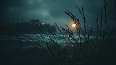 beautiful sunset on the sea coast in the fog, nature seriesの素材