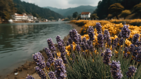 Lavender flowers blooming on the shore of Lake Bled, Sloveniaの素材