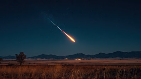 A long-range meteorite flies through the night sky with a mountain in the background.の素材