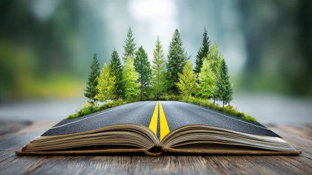 Open book with green forest and road on the background, nature conceptの素材