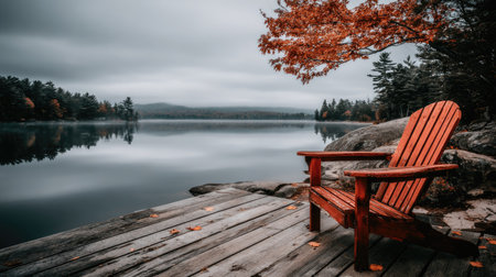 Wooden deck chair on lake shore with autumn trees and fog.の素材