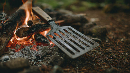 Spatula on a fire in the forest. Preparation for barbecue.の素材