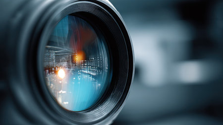 Close up of camera lens with city view. 3D Renderingの素材