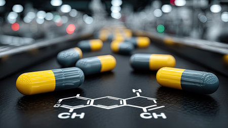 3d rendering of a chemical formula and pills on a conveyor beltの素材