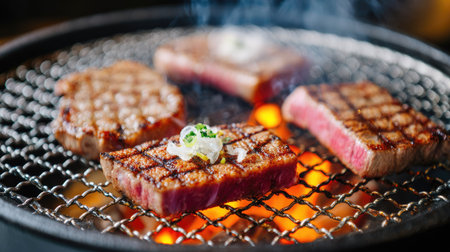 Grilled beef steaks on barbecue grill with flames, close upの素材