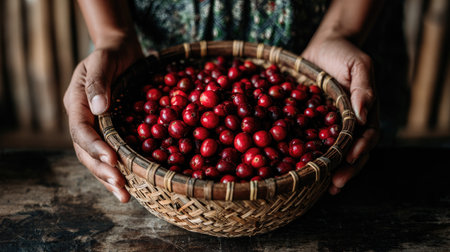 Female hands holding a basket full of cranberries on a wooden tableの素材