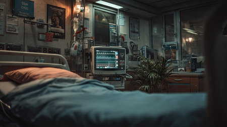 Patient in hospital bed with medical monitor. 3d rendering.の素材