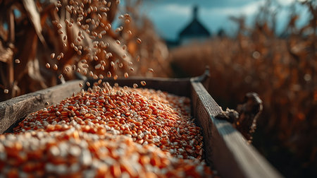 Harvesting corn in the field. Close-up of grain in a wooden boxの素材