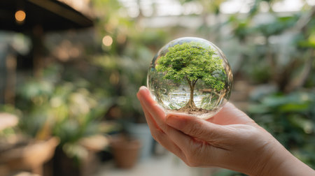 Hand holding glass ball with tree inside, save the world concept.の素材