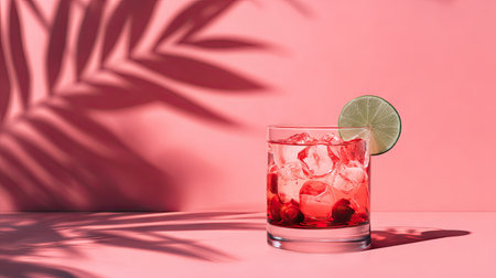 Glass of cocktail with ice cubes and lime on pink background with shadowsの素材