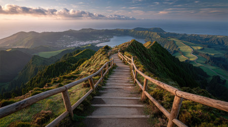 Stairs to the top of the mountain at sunset in the Azoresの素材