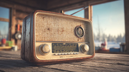 Vintage radio on old wooden table. Photo in old color image style.の素材