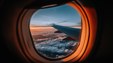 View from the window of an airplane flying in the clouds at sunsetの素材