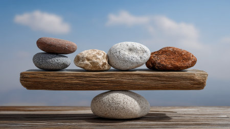 Balanced pebbles on a wooden board over blue sky backgroundの素材