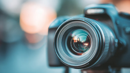 Closeup of professional camera on blurred background. Filtered image processed vintage effect.の素材