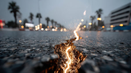 Flaming sparks on the asphalt road. Blurred background.の素材