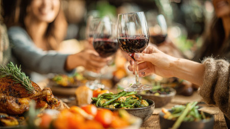Close up of female hands holding glasses of red wine and garnished with roasted vegetablesの素材