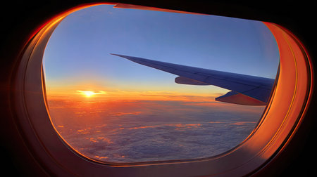 Wing of an airplane flying above the clouds at sunset. View from the window of an airplane.の素材