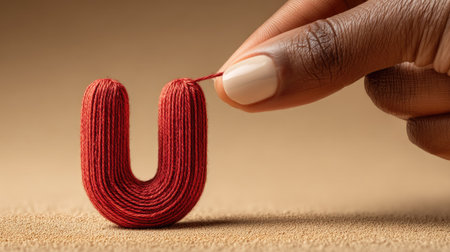 Close up of woman's hand sewing red thread on a brown backgroundの素材
