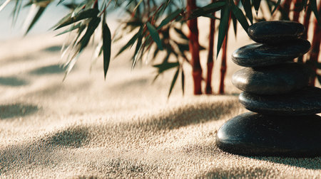 Zen stones on the sand with palm trees. Relaxation concept.の素材