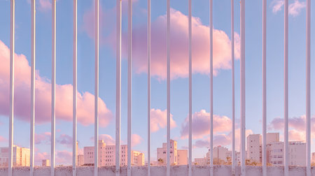 View of the city through the fence of a modern residential building.の素材