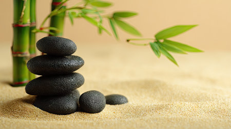 Spa stones and bamboo on sand background. Zen concept, relaxationの素材