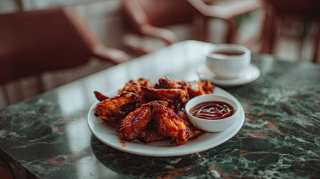 Fried chicken wings on a white plate with a cup of coffeeの素材